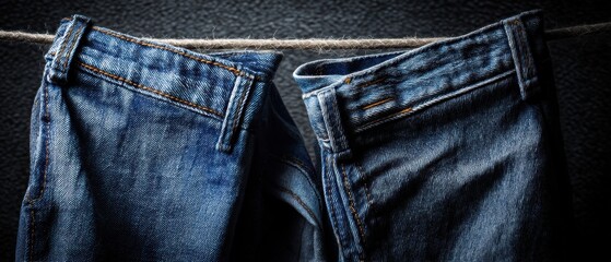 Poster - Denim jeans hanging on a rope clothesline against a dark background showcasing casual fashion and style with a rustic vintage aesthetic and a simple clean composition