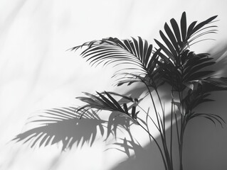 Poster - Monochrome minimalism palm tree casting shadows against a white wall in a serene indoor setting creating a calming atmosphere with a modern aesthetic