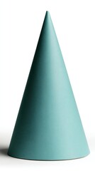 Poster - Minimalist teal cone on white backdrop showcasing geometric form and smooth texture for abstract concepts and design elements in a studio shot