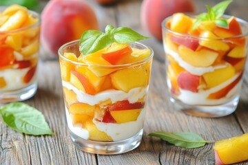 Poster - Delicious peach parfait with yogurt and basil in glass on rustic wooden table summer dessert