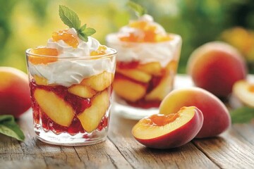 Poster - Delicious peach parfait dessert in glass with whipped cream and mint garnish on rustic wooden table summer treat sweet indulgence culinary delight food photography