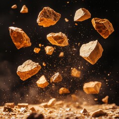 Poster - Dynamic composition of falling rocks against a dark background creating a sense of motion and raw nature with an earthy tone and a dramatic lighting style