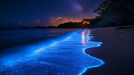 Wall Mural - A breathtaking view of a bioluminescent plankton bloom at night, glowing blue waves washing ashore, with a clear starry sky above.