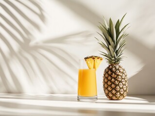 Poster - Vibrant pineapple juice in glass with slice and whole fruit casting palm shadows on white background evoking tropical refreshment and summer vibes for healthy living