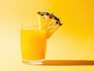 Poster - Refreshing pineapple juice in glass with slice against bright yellow background studio shot drink photography summer vibes tropical fruit healthy lifestyle