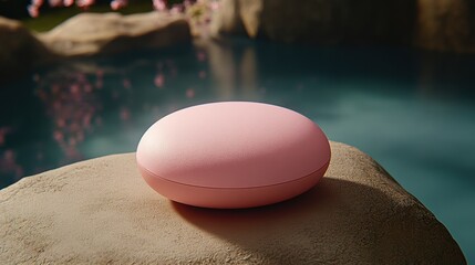 Poster - Serene pink pebble on stone with blurred water and cherry blossom background peaceful nature scene calm zen like atmosphere soft focus studio shot