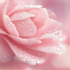 Poster - Delicate pink flower petals adorned with glistening water droplets creating a serene and captivating close up shot with soft focus and dreamy aesthetic