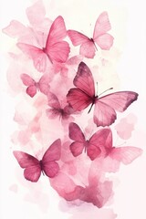 Poster - Watercolor pink butterflies on a white background creating a dreamy and elegant floral arrangement with a soft and romantic artistic style for spring and summer designs