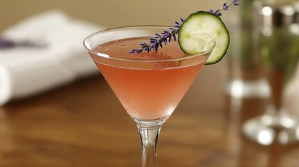Poster - Elegant cocktail presentation featuring a pink drink garnished with fresh cucumber and lavender sprig on a wooden table creating a refreshing and inviting atmosphere