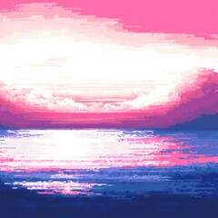 Poster - Pixelated serene seascape with vibrant pink and purple hues reflecting on the calm water surface creating a tranquil and dreamy atmosphere in a retro style
