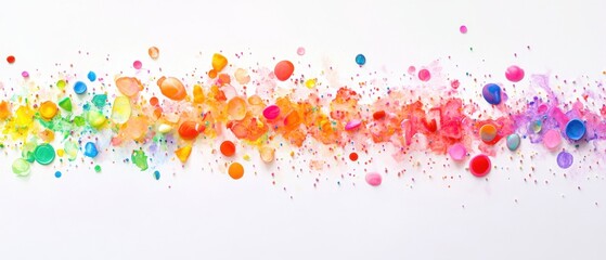 Poster - Vibrant watercolor cascade of rainbow hues on white backdrop creating a cheerful artistic splash with colorful dots and fluid textures in a painterly style