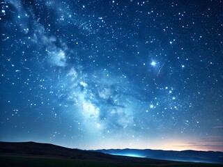 Wall Mural - Glowing tent beside a mountain lake. A white tent is set up next to a lake. The sky is cloudy and the sun is setting. A starry night sky with a large blue moon.