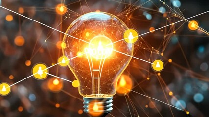 Poster - Glowing light bulb with dynamic network connections and digital energy nodes
