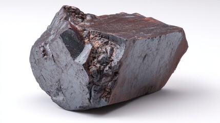 Poster - Captivating close up of a raw hematite mineral specimen showcasing its metallic luster sharp edges and unique texture against a clean white backdrop in a studio setting