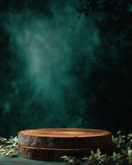 Poster - Enchanted forest showcase a rustic wooden podium amidst lush foliage product display in a mystical woodland setting nature inspired serenity and organic charm