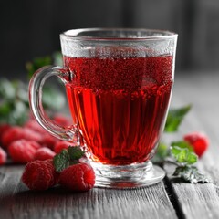 Poster - Refreshing raspberry tea in a glass cup on a rustic wooden table with fresh mint leaves and ripe raspberries a vibrant and inviting beverage photography