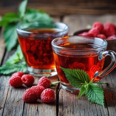 Poster - Refreshing raspberry tea in glass cups with fresh mint leaves on rustic wooden table evokes cozy and healthy lifestyle with natural light and warm ambiance