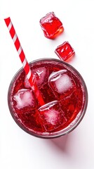 Poster - Refreshing red beverage with ice cubes and striped straw against a clean white background offering a cool and vibrant visual appeal perfect for summer promotions