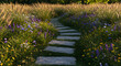 © Tia - Stone Path Through A Meadow With Wildflowers And Decorative Grasses At Sunset