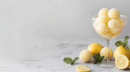 Poster - Elegant lemon sorbet balls in glass with fresh lemons and basil leaves on marble surface creating a refreshing and bright summer mood perfect for stock photography