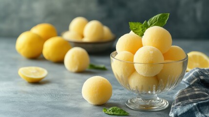 Poster - Refreshing lemon sorbet balls in glass bowl with mint garnish on gray surface studio shot offering a cool and delightful treat perfect for summer with a clean background