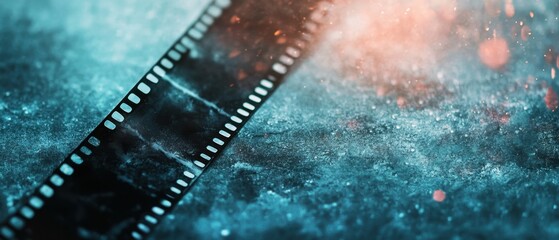 Poster - Filmstrip on Textured Blue Surface with Bokeh Lights Capturing Nostalgia and Cinematic Artistry for Creative Projects and Visual Storytelling in a Dramatic Style