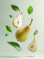 Poster - Elegant studio shot of floating pears and leaves against a soft green background showcasing freshness and natural beauty with a clean and modern aesthetic