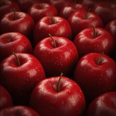 Poster - Close up of many shiny red apples with stems creating a vibrant and healthy food background for agriculture and nutrition with a shallow depth of field