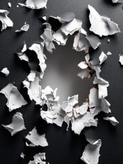 Poster - Abstract composition featuring a central hole with torn white edges against a dark textured background creating a dramatic and intriguing visual effect