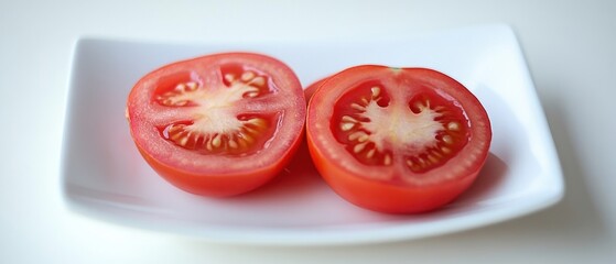 Poster - Sliced tomato halves on a white square plate showcasing fresh vibrant color and texture in a minimalist food photography style with a bright background