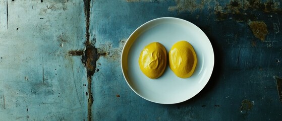 Poster - Two vibrant yellow dollops of mustard on a white plate against a rustic blue metal background creating a minimalist food still life with a modern and clean aesthetic