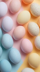 Poster - Pastel easter eggs arranged on a colorful geometric background for a festive spring celebration top down view with soft lighting and a minimalist style