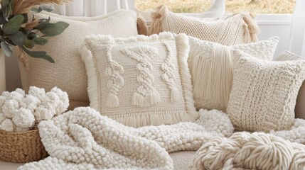 Poster - Cozy neutral home decor featuring textured pillows and a soft blanket creating a warm and inviting atmosphere with natural light in a modern interior setting