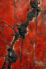 Poster - Abstract vibrant red paint with black cracks detail background showcasing texture and pattern for creative projects and design elements close up view