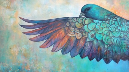 Poster - artistic rendering of a vibrant bird with detailed wings against a textured colorful background in a