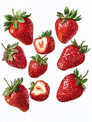 Poster - Fresh strawberry illustration showcasing vibrant red hues and green leaves against a clean white background creating a visually appealing and appetizing composition