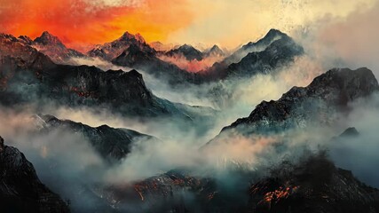 Poster - Dramatic mountain landscape at sunset with mist and vibrant colors in the sky, Dramatic mountains