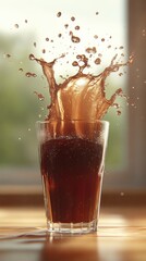 Poster - Refreshing cola in glass with dynamic splash on wooden table against blurred background capturing movement and taste in a bright and inviting setting