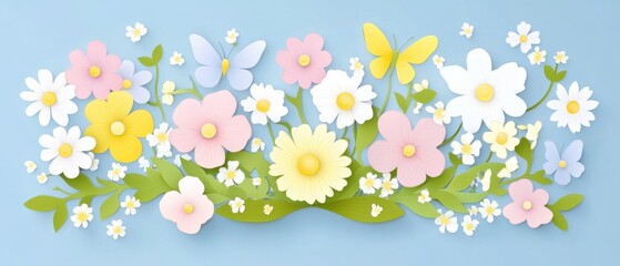 Poster - Delicate floral arrangement with pastel flowers and butterflies on a soft blue backdrop creating a serene and whimsical spring atmosphere perfect for backgrounds