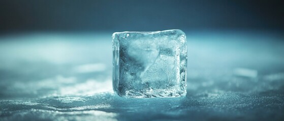 Poster - Captivating ice cube on reflective surface with a cool blue background showcasing purity and refreshment in a simple yet elegant studio shot