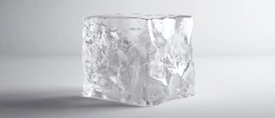 Poster - Transparent ice block on white background showcasing frozen water texture and light refraction creating a cool and refreshing visual for beverage or food concepts