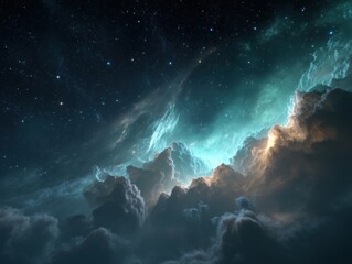 Poster - ethereal nebula landscape with glowing clouds and starry sky celestial cosmic background captivating