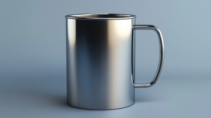 Poster - Sleek stainless steel mug on soft blue background showcasing modern design and reflective surface for beverage enjoyment in minimalist style studio shot