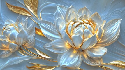 Wall Mural - Luxurious, three-dimensional floral design with gold accents.