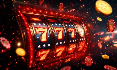 Slot machine showing 777 jackpot with casino chips and illuminated lights exploding on a dark background