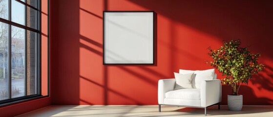 Poster - Bright interior scene showcasing a white armchair picture frame and potted plant against a red wall casting shadows creating a cozy and modern atmosphere in a sunlit room