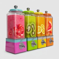 Poster - Colorful fruit juice dispensers showcasing refreshing flavors in a vibrant composition perfect for summer drinks and healthy lifestyle promotions with a clean background