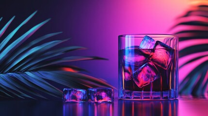Poster - Vibrant cocktail with ice cubes in glass against a colorful tropical background, capturing the essence of summer with a refreshing and modern aesthetic, perfect for relaxation