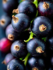 Poster - Close up of fresh black currant berries on stem vibrant color and texture detail macro shot healthy food ingredient antioxidant rich fruit studio shot