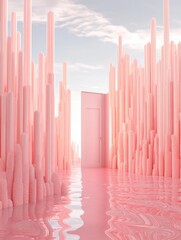 Poster - Surreal Pink Landscape with Doorway to Another World Dreamy Pastel Scene Abstract Architecture and Water Reflection Generative Art Composition with Soft Light
